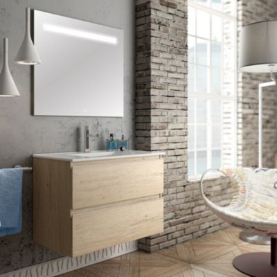Meuble de salle de bain simple vasque - 2 tiroirs - BALEA et miroir Led STAM - bambou (chêne clair) - 100cm