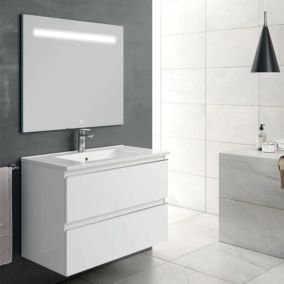 Meuble de salle de bain simple vasque - 2 tiroirs - BALEA et miroir Led STAM - blanc - 100cm