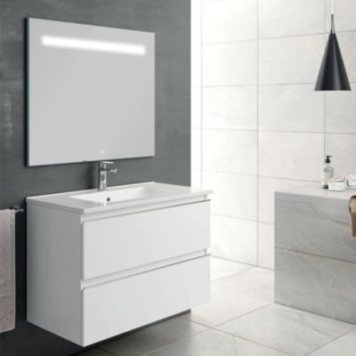 Meuble de salle de bain simple vasque - 2 tiroirs - BALEA et miroir Led STAM - blanc - 80cm