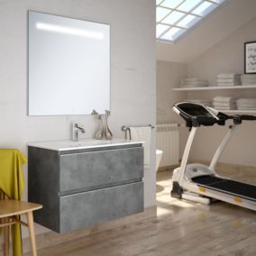 Meuble de salle de bain simple vasque - 2 tiroirs - BALEA et miroir Led STAM - ciment (gris) - 70cm