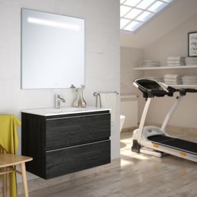 Meuble de salle de bain simple vasque - 2 tiroirs - BALEA et miroir Led STAM - ebony (bois noir) - 100cm