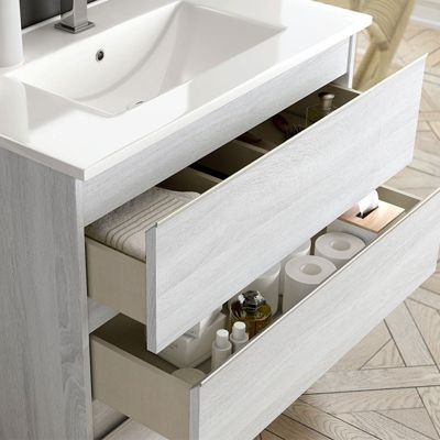 Meuble de salle de bain simple vasque - 2 tiroirs - BALEA et miroir Led STAM - hibernian (bois blanchi) - 60cm