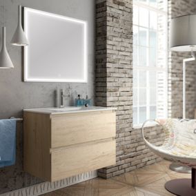 Meuble de salle de bain simple vasque - 2 tiroirs - BALEA et miroir Led VELDI - bambou (chêne clair) - 80cm