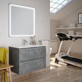 Meuble de salle de bain simple vasque - 2 tiroirs - BALEA et miroir Led VELDI - ciment (gris) - 80cm