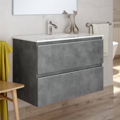 Meuble de salle de bain simple vasque - 2 tiroirs - BALEA et miroir Led VELDI - ciment (gris) - 80cm