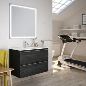 Meuble de salle de bain simple vasque - 2 tiroirs - BALEA et miroir Led VELDI - ebony (bois noir) - 60cm