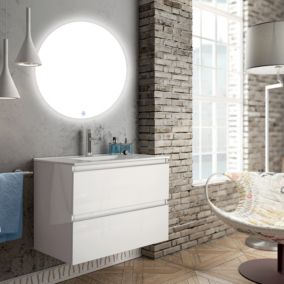 Meuble de salle de bain simple vasque - 2 tiroirs - BALEA et miroir rond Led SOLEN - blanc - 60cm