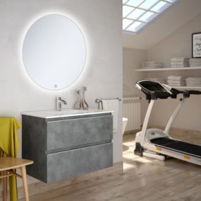 Meuble de salle de bain simple vasque - 2 tiroirs - BALEA et miroir rond Led SOLEN - ciment (gris) - 60cm