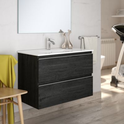 Meuble de salle de bain simple vasque - 2 tiroirs - BALEA et miroir rond Led SOLEN - ebony (bois noir) - 60cm