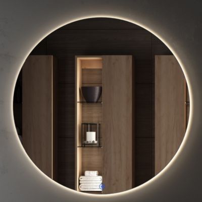 Meuble de salle de bain simple vasque - 2 tiroirs - BALEA et miroir rond Led SOLEN - hibernian (bois blanchi) - 80cm