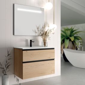 Meuble de salle de bain simple vasque - 2 tiroirs - CREMA et miroir Led STAM - 80cm