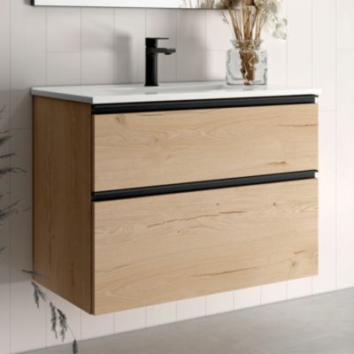 Meuble de salle de bain simple vasque - 2 tiroirs - CREMA et miroir Led STAM - 80cm