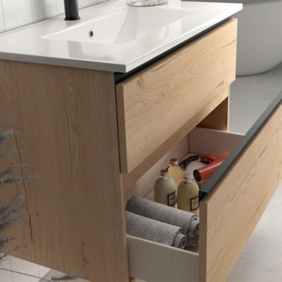 Meuble de salle de bain simple vasque - 2 tiroirs - CREMA et miroir Led STAM - 80cm