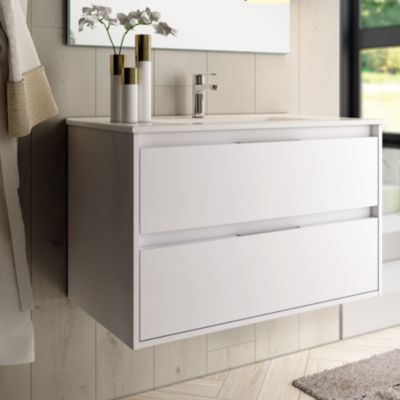 Meuble de salle de bain simple vasque - 2 tiroirs - IRIS et miroir Led STAM - blanc - 80cm