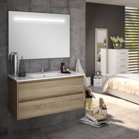 Meuble de salle de bain simple vasque - 2 tiroirs - IRIS et miroir Led STAM - cambrian (chêne) - 80cm