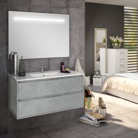 Meuble de salle de bain simple vasque - 2 tiroirs - IRIS et miroir Led STAM - ciment (gris) - 80cm