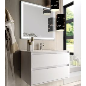 Meuble de salle de bain simple vasque - 2 tiroirs - IRIS et miroir Led VELDI - blanc - 80cm