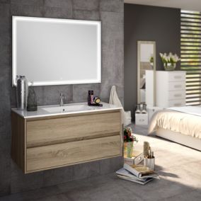 Meuble de salle de bain simple vasque - 2 tiroirs - IRIS et miroir Led VELDI - cambrian (chêne) - 100cm