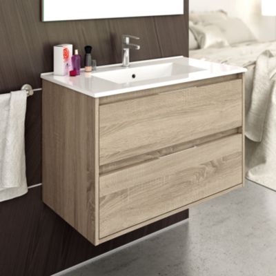 Meuble de salle de bain simple vasque - 2 tiroirs - IRIS et miroir Led VELDI - cambrian (chêne) - 100cm
