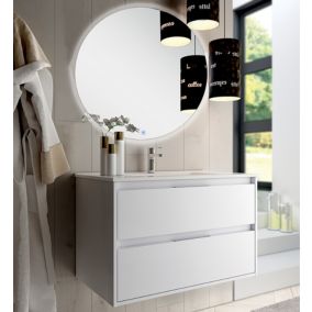 Meuble de salle de bain simple vasque - 2 tiroirs - IRIS et miroir rond Led SOLEN - blanc - 80cm