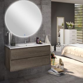 Meuble de salle de bain simple vasque - 2 tiroirs - IRIS et miroir rond Led SOLEN - britannia (chêne foncé) - 80cm