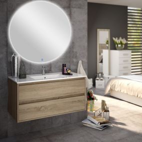 Meuble de salle de bain simple vasque - 2 tiroirs - IRIS et miroir rond Led SOLEN - cambrian (chêne) - 80cm