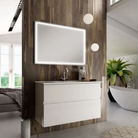 Meuble de salle de bain simple vasque - 2 tiroirs - MIG et miroir Led VELDI - blanc - 100cm