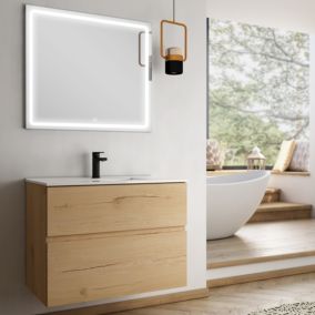 Meuble de salle de bain simple vasque - 2 tiroirs - MIG et miroir Led VELDI - roble (chêne clair) - 60cm