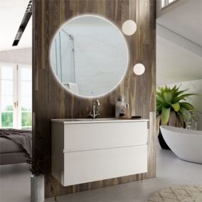 Meuble de salle de bain simple vasque - 2 tiroirs - MIG et miroir rond Led SOLEN - blanc - 60cm