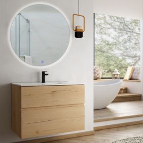 Meuble de salle de bain simple vasque - 2 tiroirs - MIG et miroir rond Led SOLEN - roble (chêne clair)  - 60cm