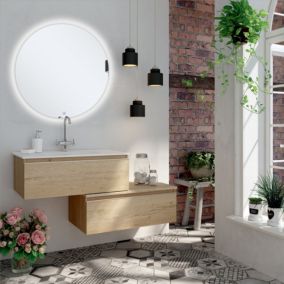 Meuble de salle de bain simple vasque -  2 tiroirs - PENA et miroir rond Led SOLEN - bambou (chêne clair) - 120cm