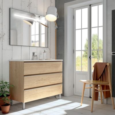 Meuble de salle de bain simple vasque - 3 tiroirs - PALMA et miroir Led STAM - bambou (chêne clair) - 100cm