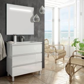 Meuble de salle de bain simple vasque - 3 tiroirs - PALMA et miroir Led STAM - blanc -60cm