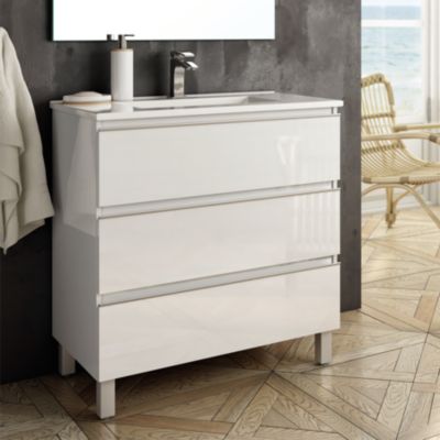 Meuble de salle de bain simple vasque - 3 tiroirs - PALMA et miroir Led VELDI - blanc - 80cm
