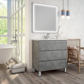 Meuble de salle de bain simple vasque - 3 tiroirs - PALMA et miroir Led VELDI - ciment (gris) - 100cm