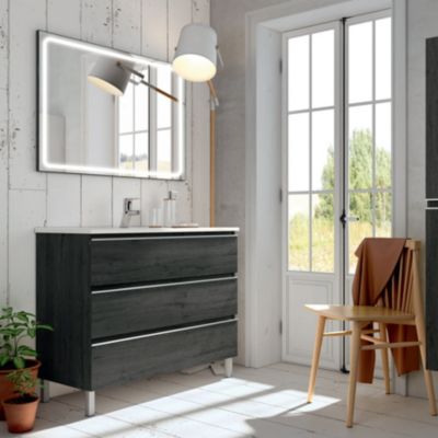 Meuble Simple Vasque 60cm Avec Colonne + Miroir Lumineux 3 Couleurs Dimmable Chene Wotan