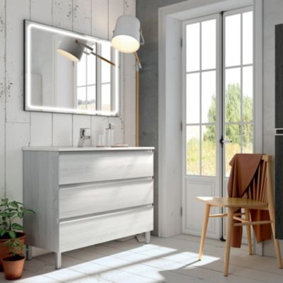 Meuble de salle de bain simple vasque - 3 tiroirs - PALMA et miroir Led VELDI - hibernian (bois blanchi) - 60cm