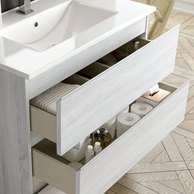 Meuble de salle de bain simple vasque - 3 tiroirs - PALMA et miroir Led VELDI - hibernian (bois blanchi) - 80cm