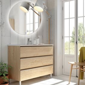 Meuble de salle de bain simple vasque - 3 tiroirs - PALMA et miroir rond Led SOLEN - bambou (chêne clair) - 80cm