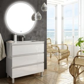 Meuble de salle de bain simple vasque - 3 tiroirs - PALMA et miroir rond Led SOLEN - blanc - 70cm