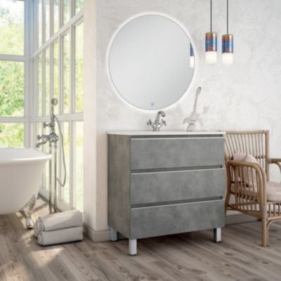 Meuble de salle de bain simple vasque - 3 tiroirs - PALMA et miroir rond Led SOLEN - ciment (gris) - 70cm