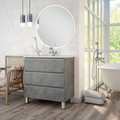 Meuble de salle de bain simple vasque - 3 tiroirs - PALMA et miroir rond Led SOLEN - ciment (gris) - 70cm