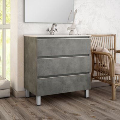 Meuble de salle de bain simple vasque - 3 tiroirs - PALMA et miroir rond Led SOLEN - ciment (gris) - 70cm