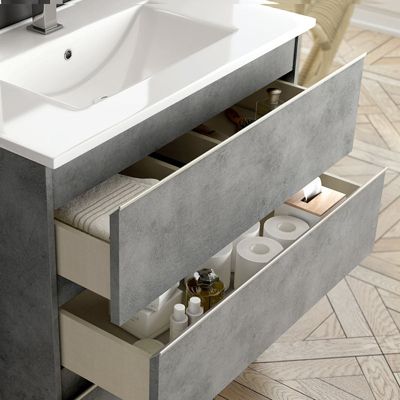 Meuble de salle de bain simple vasque - 3 tiroirs - PALMA et miroir rond Led SOLEN - ciment (gris) - 70cm