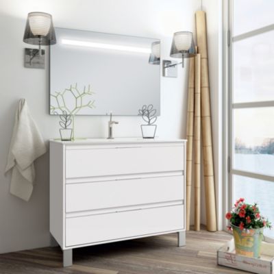 Meuble de salle de bain simple vasque - 3 tiroirs - TIRIS 3C et miroir Led STAM - blanc - 100cm