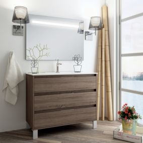 Meuble de salle de bain simple vasque - 3 tiroirs - TIRIS 3C et miroir Led STAM - britannia (chêne foncé) - 100cm