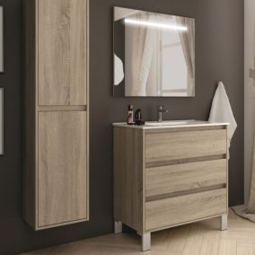 Meuble de salle de bain simple vasque - 3 tiroirs - TIRIS 3C et miroir Led STAM - cambrian (chêne) - 80cm
