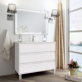 Meuble de salle de bain simple vasque - 3 tiroirs - TIRIS 3C et miroir Led VELDI - blanc - 100cm