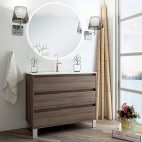 Meuble de salle de bain simple vasque - 3 tiroirs - TIRIS 3C et miroir rond Led SOLEN - britannia (chêne foncé) - 80cm