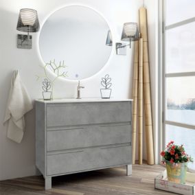 Meuble de salle de bain simple vasque - 3 tiroirs - TIRIS 3C et miroir rond Led SOLEN - ciment (gris) - 80cm